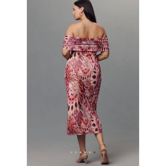 NEW Anthropologie AFRM Zamora Off The Shoulder Mesh MIDI Dress XL Berry Butterfl - Picture 3 of 10